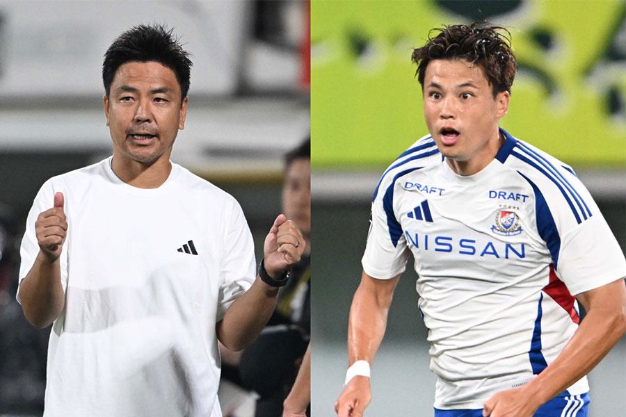 横浜F・マリノスの大島秀夫監督と宮市亮がチラシ配りを行った【写真：徳原隆元】