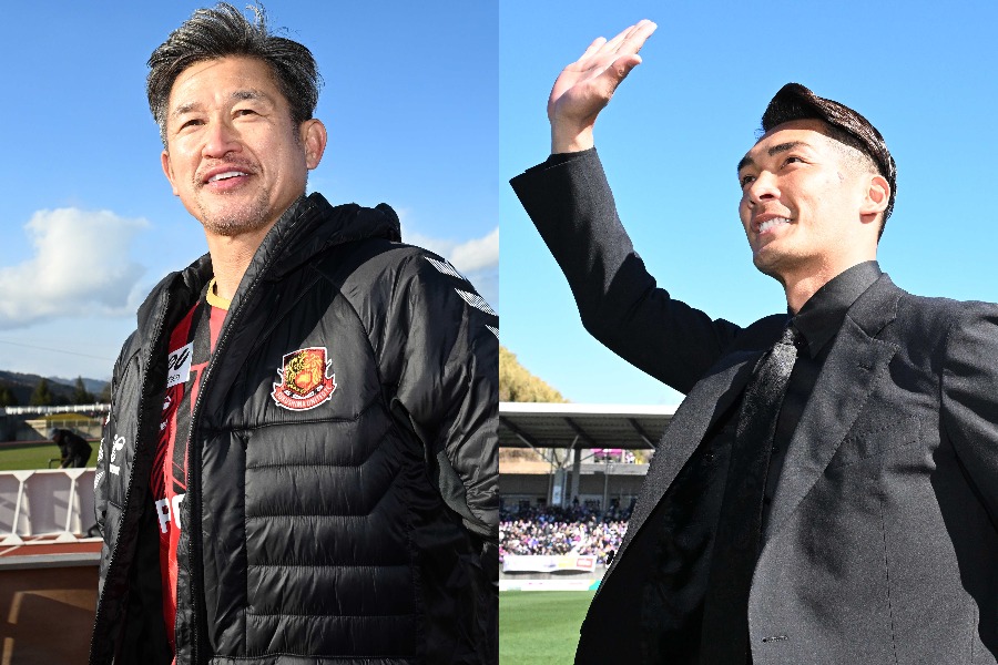 三浦知良（左）と槙野智章監督が再会【写真：徳原隆元】