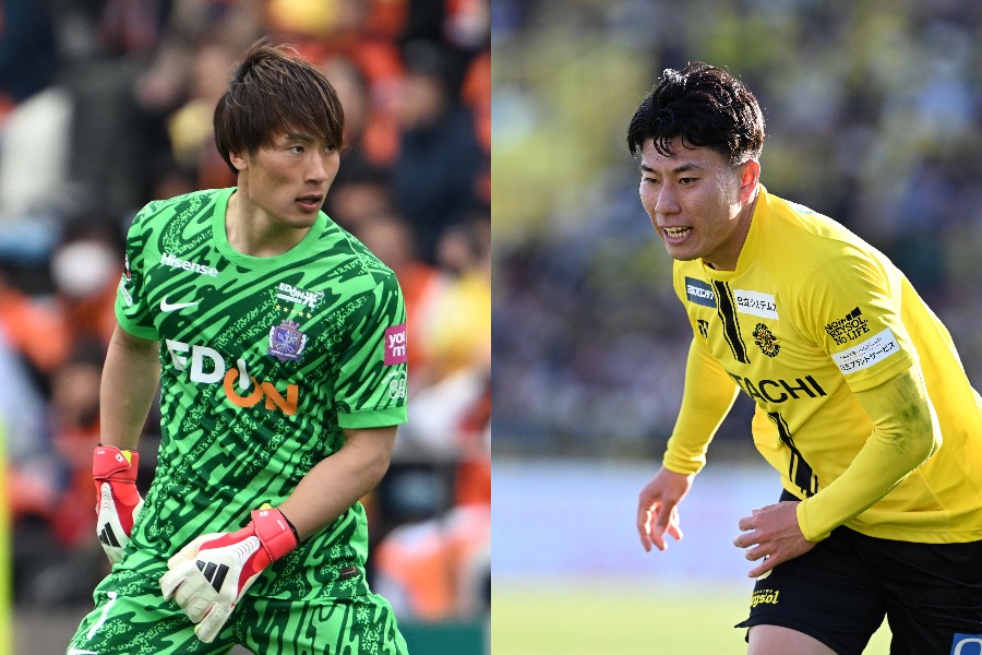 広島の大迫敬介(左)と柏の細谷真大【写真：徳原隆元】