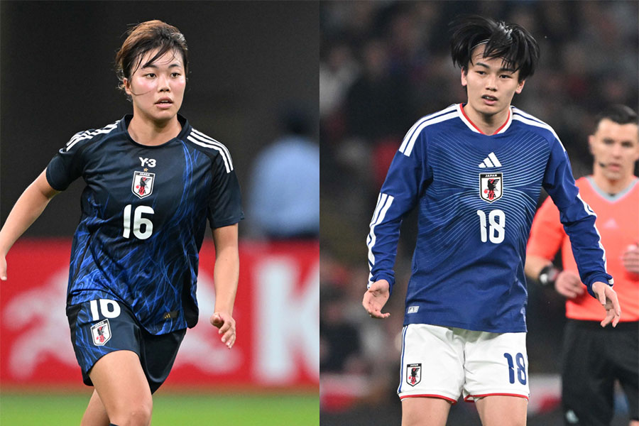 （左から）谷川萌々子と上田綺世【写真：徳原隆元】