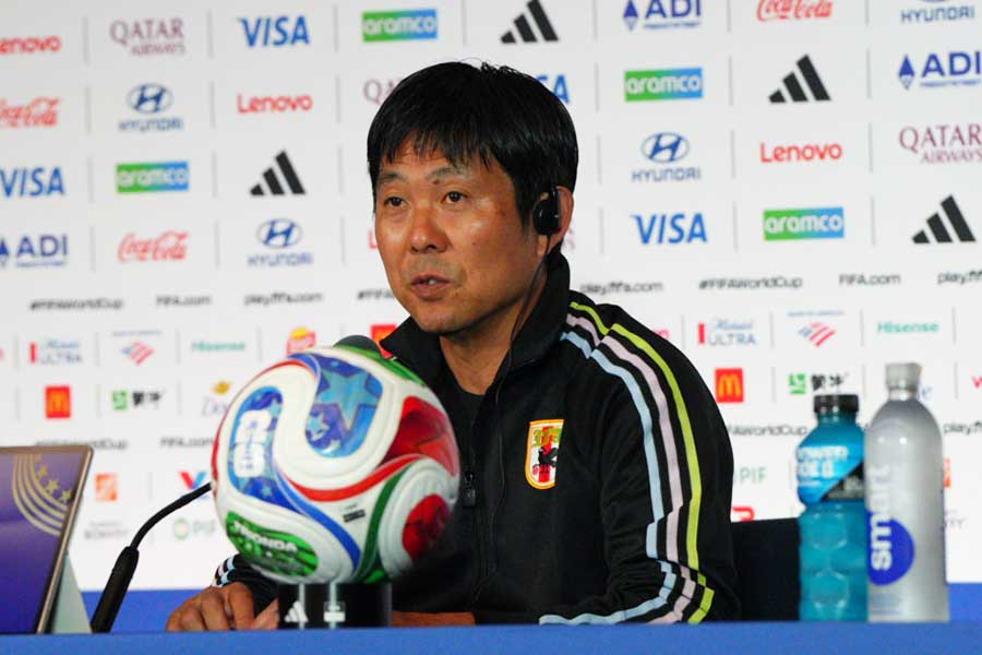 前日会見に出席した森保一監督【写真：FOOTBALL ZONE編集部】