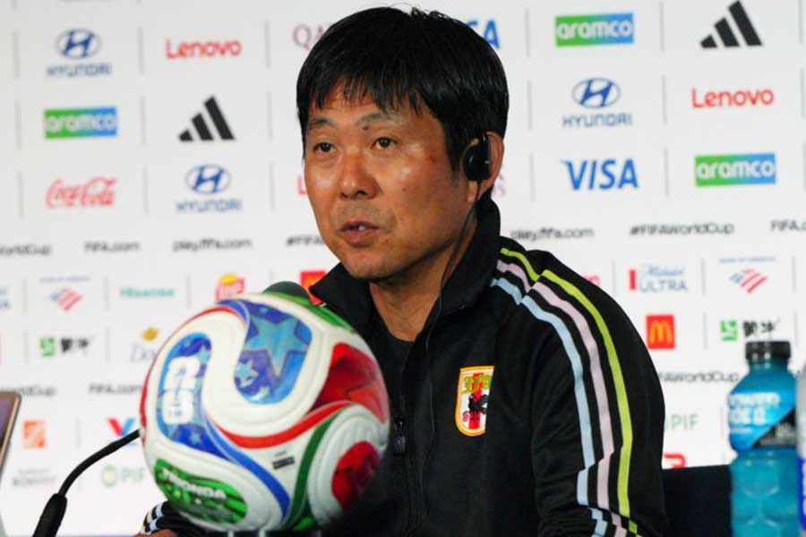 前日会見に出席した森保一監督【写真：FOOTBALL ZONE編集部】