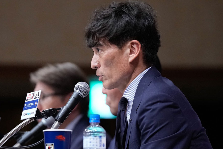 宮本会長が森保監督続投の経緯を説明した【写真:増田美咲】